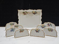 Vintage Floral Porcelain Menu Holder & 8 Place Card Holders Complete Set picture