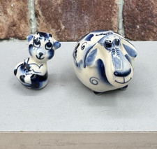 2 Gzhel-style Mini Figurines Cat Sheep Porcelain Handmade Russia Vintage Cobalt picture