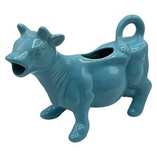 Vintage Blue Ceramic Cow Creamer Pitcher Farmhouse Decor Cottagecore Planter picture