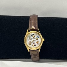 Vintage 1990s Disney Character Watch Brown Genuine Leather Band Mickey Goofy Etc picture