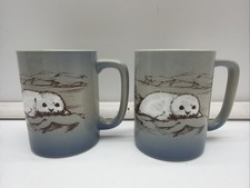 Vintage Otagiri Style Stoneware Mugs Baby Seal Ocean Coffee Cup Set Of 2 picture