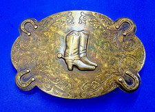 Western Cowboy Cowgirls Boots with Spurs Four Lucky Horseshoe Belt Buckle picture
