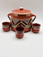 Vintage Red Mexican Clay TerraCotta Punch Pot Set Hand Painted Lid 3 Cups Signed picture