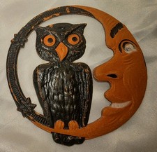 RARE Vintage Antique Halloween Owl & Crescent Moon Diecut Decoration Germany 20s picture