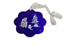 Fenton Cobalt Blue Glass Mary Gregory Kitty Hand Painted Ornament #2477/2500 picture