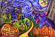 ACEO Original Painting OOAK - Starry, Starry, Halloween - Cat - Bartshe picture