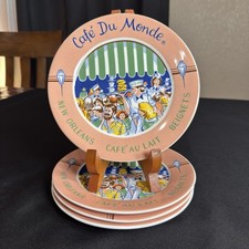 4-VTG 1996 Cafe Du Monde New Orleans Painted Scene Beignet Plate Set Rare HTF picture