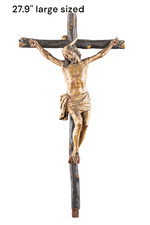 Antique flemish 18thc Wood carved polychrome leftovers crucifix cross christ picture
