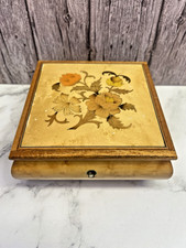 Vtg Italy Wood Music Jewelry Box Reuge Swiss Movement Floral NO KEY - WORKS picture