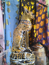 ~ Vintage Ceramic Handcrafted Egyptian Cat Perched Ontop Scarab Figurine ~ picture