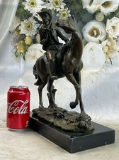 After Remington Cowboy W/ Hat Taming Horse Bronze Sculpture Marble Art Deco ART picture