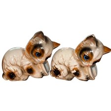 Vintage Siamese Cat Figurines Pair Ceramic Blue Eyes Mid Century Kitschy Decor picture