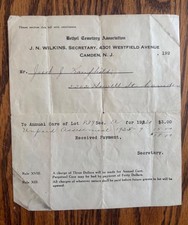 1920s Bethel Cemetery Association Receipt Camden NJ Grave Lot Care Document picture