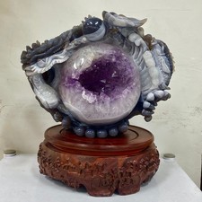 18.14LB Rare Natural Uruguay Amethyst Geode Quartz Crystal agate Carved Dragon picture