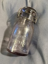Antique Manganese Glass Amethyst Tint Half Pint Milk Bottle w/ Metal Lid picture