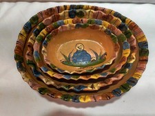 VTG Mexican (4) Tlaquepaque pottery oval nesting bowls hand-painted folk art picture