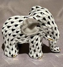 Herend Hungary Black Fishnet Elephant Figurine 5265 Hand Painted Gold Accents picture