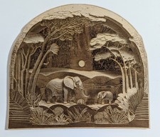 3D Laser Cut Wood Engraved African Savanna Elephant Scene Relief Carved  picture