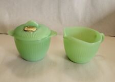 Vintage Fire King Jadeite Jane Ray Cream & Sugar With Lid Ribbed Partial Sticker picture