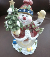 VINTAGE CERAMIC & GLASS SNOWMAN CANDLEHOLDER 7 3/8