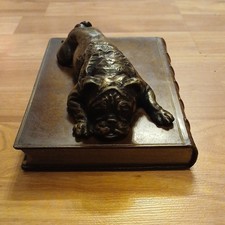 Vintage Metal Bulldog Figurine Sculpture on Book-Shaped Base, Brown Metallic 3D picture