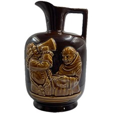 Vintage Figural Monk Friar Pitcher Jug Brown Ceramic Raised Relief Medieval picture
