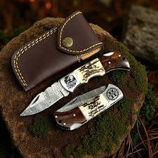 Personalized Damascus Folding Knife Stag Antler Rosewood Custom Handmade Gift picture