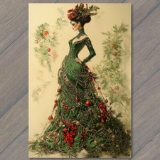 POSTCARD Green Victorian Dress Christmas Lady Holiday Elegance Festive Xmas picture