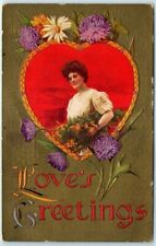 Postcard - Love's Greetings - Love/Romance - Woman, Heart, and Flowers Art Print picture