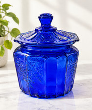 Anchor Hocking Mayfair Open Rose Cobalt Blue Glass Cookie Jar w/Lid Vintage picture