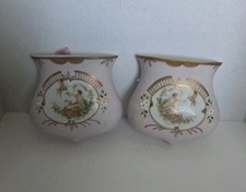 Vtg Ardco Fine Quality Dallas Porcelain Wall Pocket Vases Pair Pink Cherub Japan picture