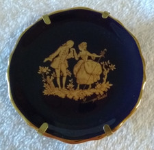 Vintage Limoges Miniature Plate Victorian Couple W/Gold Trim Plate Holder 2.75