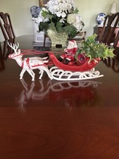 Vintage Plastic Blow Mold Santa In Sleigh With Two Reindeer 12” picture