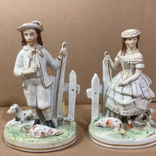 Pair Of Antique 1880s English Staffordshire Courting Couple On Fence Sheep  GOAT picture