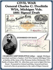 CIVIL WAR General Charles C. Doolittle, WIA, Michigan Vols., Signed Doc. picture