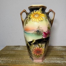 Antique Japanese Moriage Nippon Porcelain Vase Painted Floral Landscape 12.5