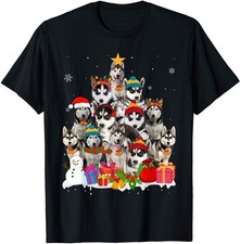 Funny Siberian Husky Christmas Tree Pet Dog Lover Gift Black S-234XL Shirt F596 picture