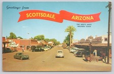 Vintage Scottsdale Arizona Main Street Postcard 1950s Petley Studios Cars picture