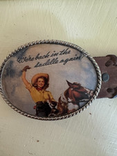 Vintage Western Cowgirl Leather Belt “Back in the Saddle Again” LOOK Buckle picture