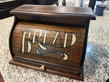  Vintage  Antique Wooden Bread Box with Roll-Top Lid and 'BREAD'  Lettering  picture