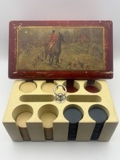 VINTAGE RED, BLUE & BUTTERSCOTCH BAKELITE POKER CHIPS IN WOODEN BOX OLD (RARE) picture