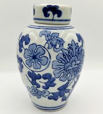Chinoiserie Blue & White Porcelain Ginger Jar Hand Painted Florals 8” picture