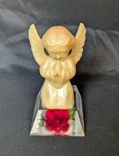Vtg 60s Bircraft Red Rose Encased in Lucite w Plastic Praying Angel Made in USA picture