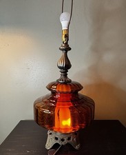 Vintage Mid Century Amber Glass Table Lamp Hollywood Regency 3Way Nightlight MCM picture