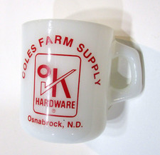 OK Hardware Cole Farm Supply Osnabrock ND USA Galaxy White Milk Glass Coffee Mug picture