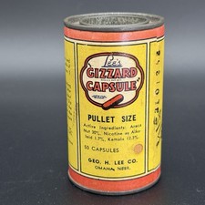 VTG LEE’S GIZZARD CAPSULE CONTAINER CAN SIGN FARM 4 CHICKENS & TURKEYS PULLET Sz picture