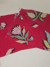 2 Pieces Vtg 1940s BARKCLOTH Fabric Red Pink Tropical Floral Remnants 23x11 each picture