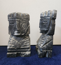 VTG Mexican Black Onyx Aztec Mayan Bookends Heavy Carved Stone 7.75