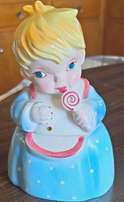 Vintage 1950s Kreiss Co Ceramic Girl Eating Lollipop Cookie Candy Jar Rhinestone picture