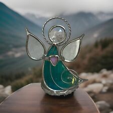 Stained Glass Angel Figurine Teal Green Purple Heart Candle Holder Vintage picture